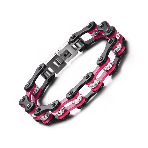 Pink and Black Rhinestone Bike Chain Bracelet